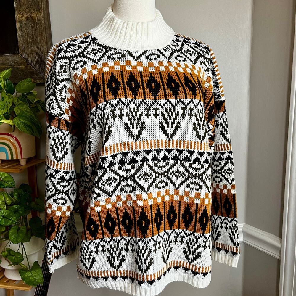 Vintage 90s Green Tan and White Geometric Aztec Mock Neck Sweater Size Large